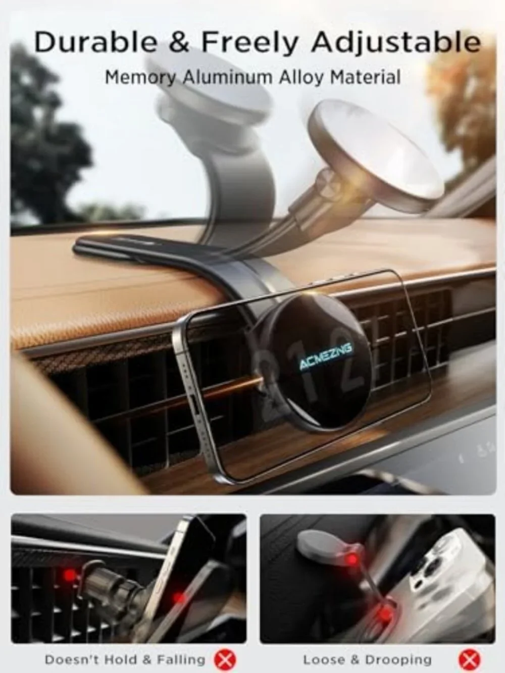 15W Magnetic Wireless Car Charger Mount, Adjustable Aluminum Phone Holder, Fast